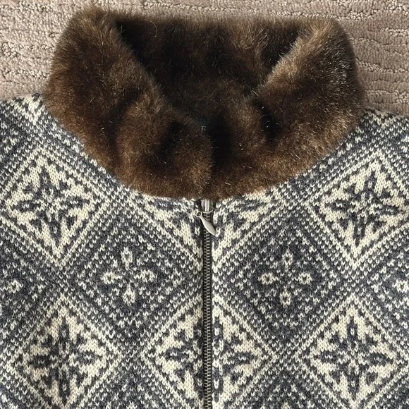 Ralph Lauren Navy and Cream Fair Isle Zip Jacket with Faux Fur Trim - Picture 3 of 16